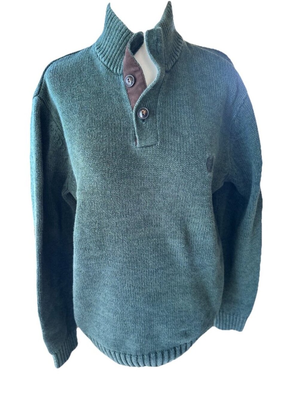 Vintage Ralph Lauren Chaps Green Mock Neck Sweater Elbow Patches Buttons L